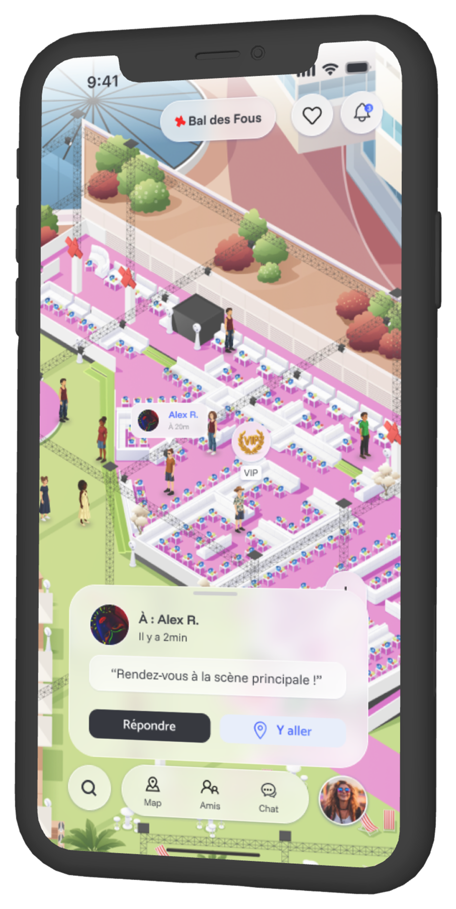 Écran iPhone affichant une carte illustrée avec un personnage et une zone de recherche.